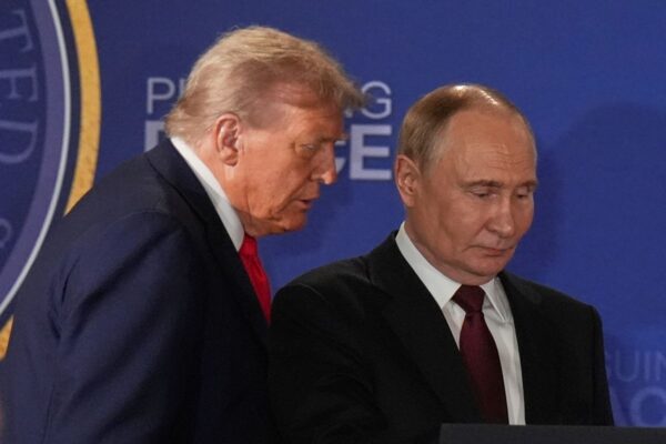 US President Donald Trump alongside Russian President Vladimir Putin at the Alaska summit, 15 August 2025.
